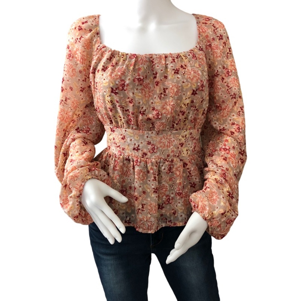 PLANET HEART XL Taupe Floral Blouse Fall Coattagecore Milk Maid Coquette Country